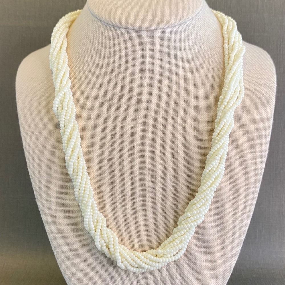 Trifari Vintage Torsade‎ Necklace Gold Tone Cream Seed Bead Multi Strand 23"